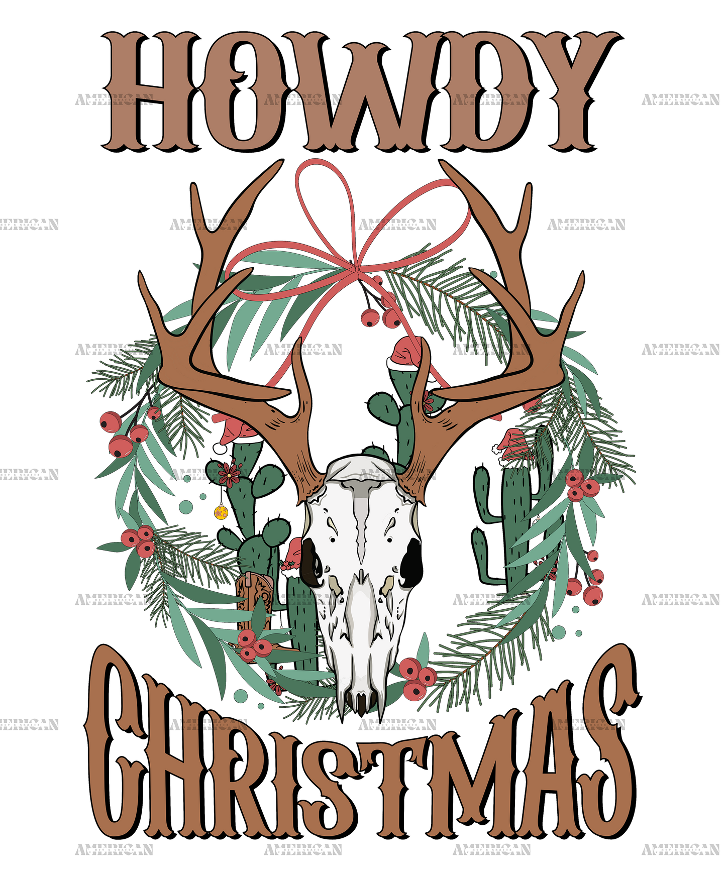 Howdy Christmas Long Horn Skull DTF Transfer
