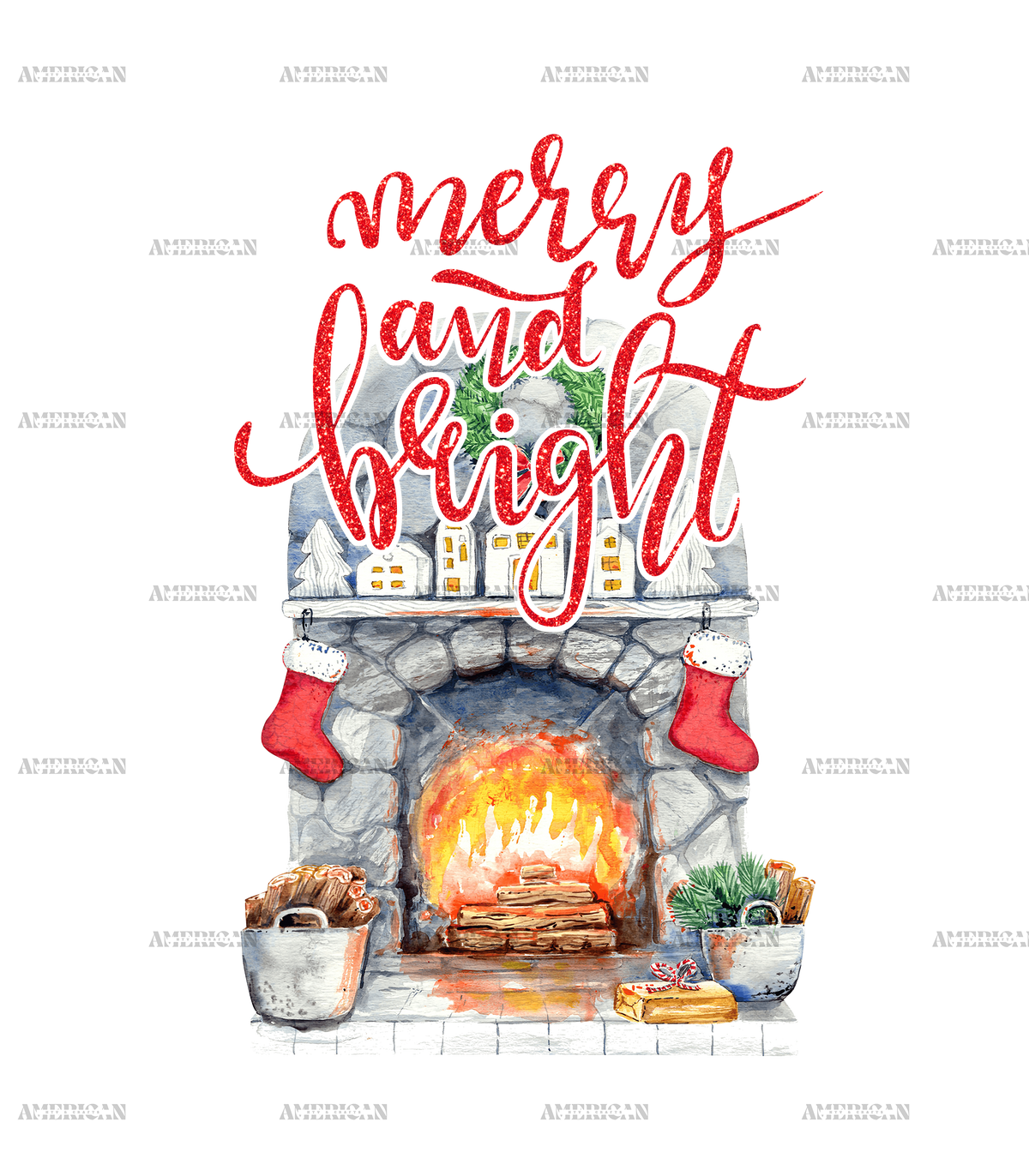 Merry And Bright Fireplace DTF Transfer