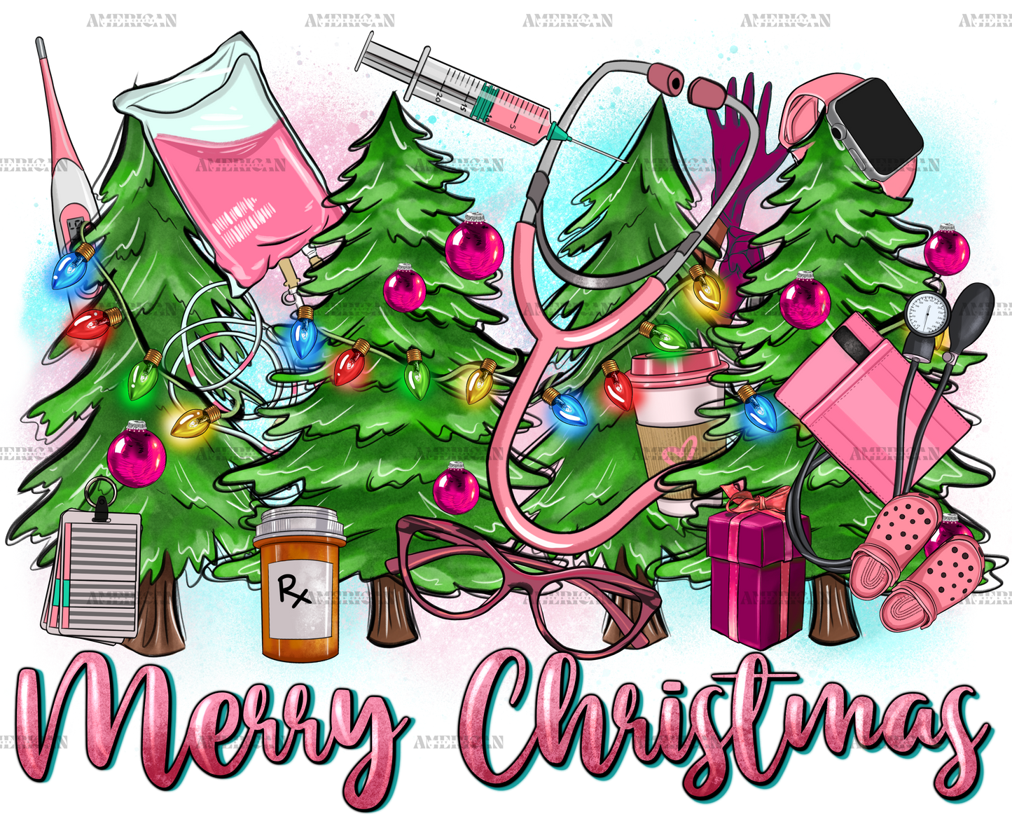 Merry Christmas Nurse Trees DTF Transfer