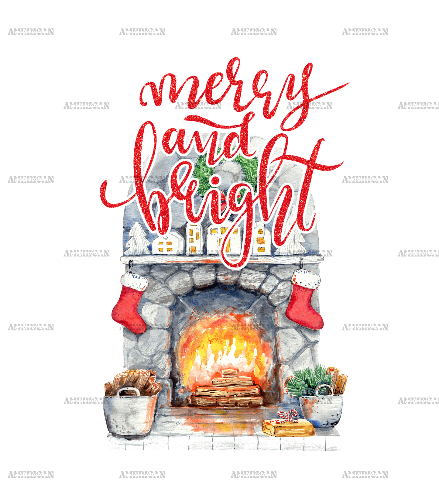 Merry And Bright Fireplace DTF Transfer
