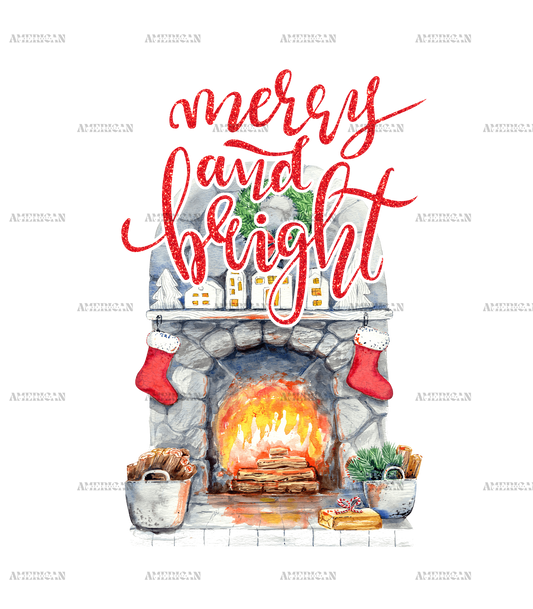 Merry And Bright Fireplace DTF Transfer
