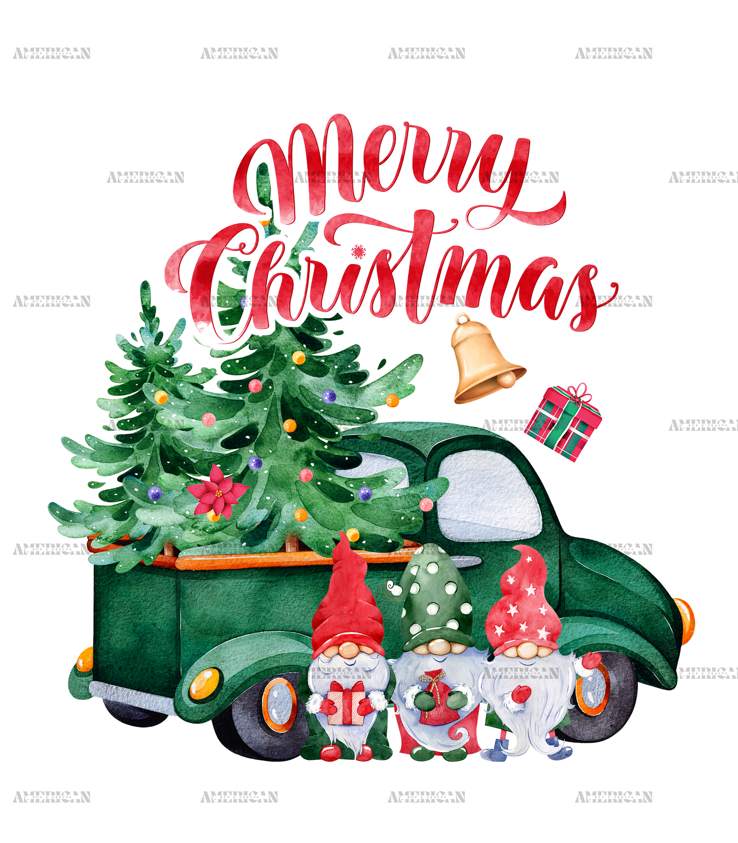 Merry Christmas Gnomies Truck Green DTF Transfer