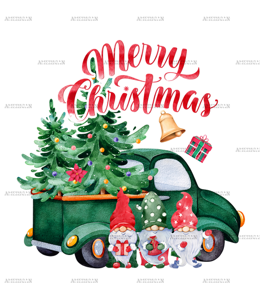 Merry Christmas Gnomies Truck Green DTF Transfer