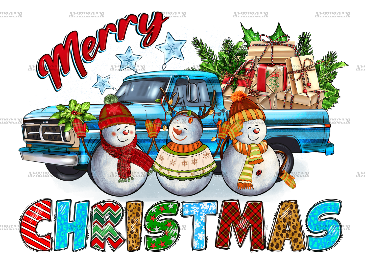 Merry Christmas With Snowmen Truck Gifts DTF Transfer