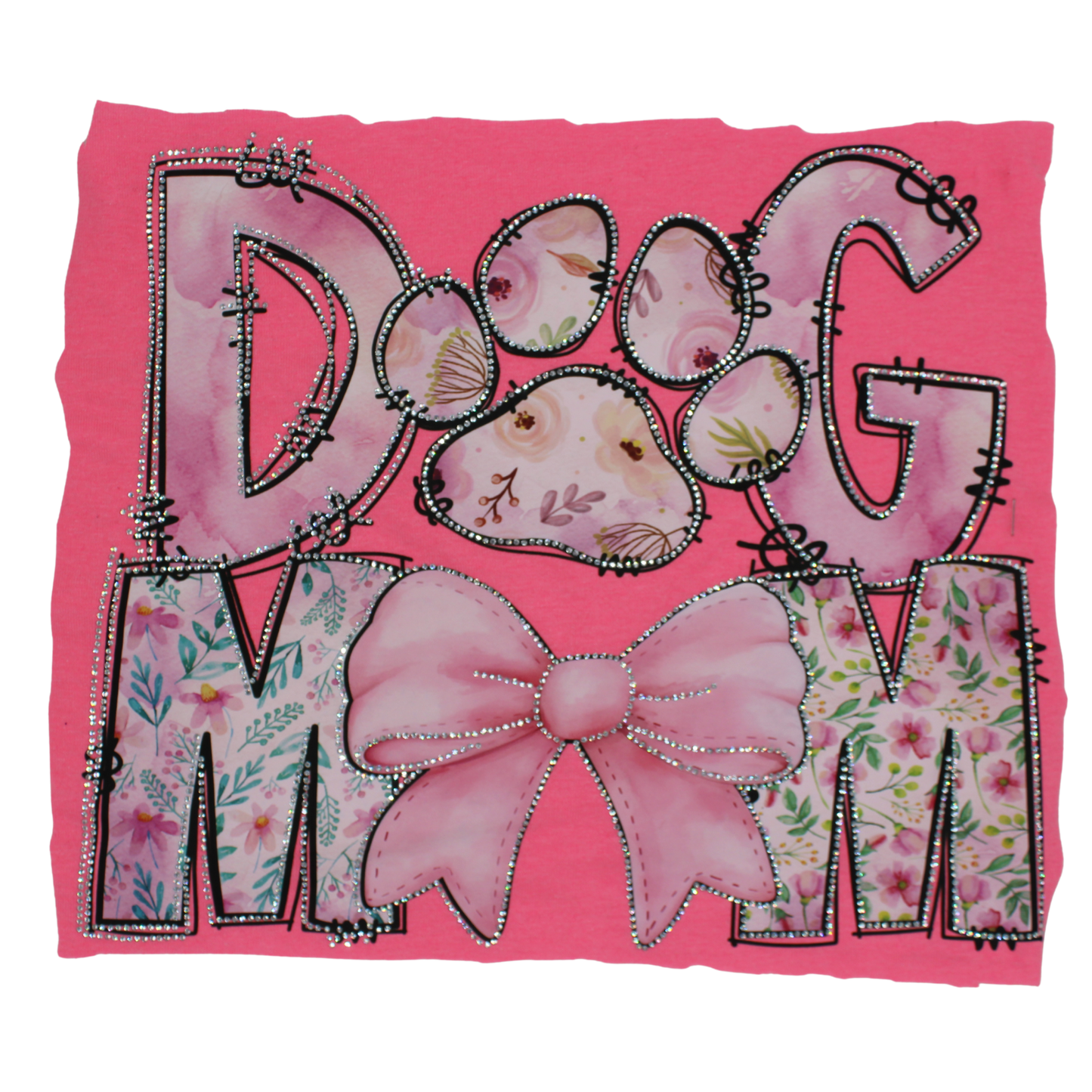 Dog MOM Rhinestone DTF Transfer  - Floral paw print & Pink Coquette Bow Bling