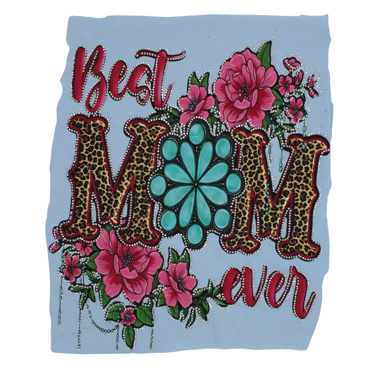 Best MOM Ever Rhinestone DTF Transfer -leopard print & Turquoise Bling